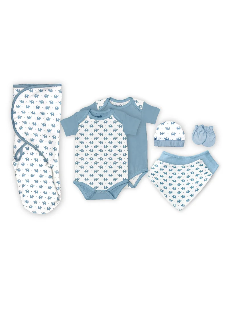 مون Organic Baby Gift Set Of 7 Rompers Swaddle Bibs Hat Mitten Set For 3-6 Months Blue