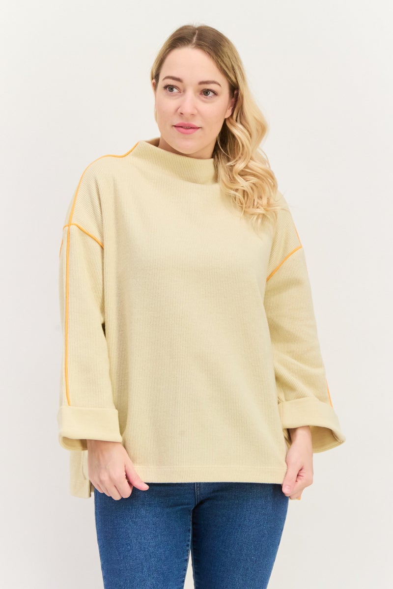 ESPRIT Women Funnel Neck Textured Long Sleeves Sweatshirt, Beige - Image 1