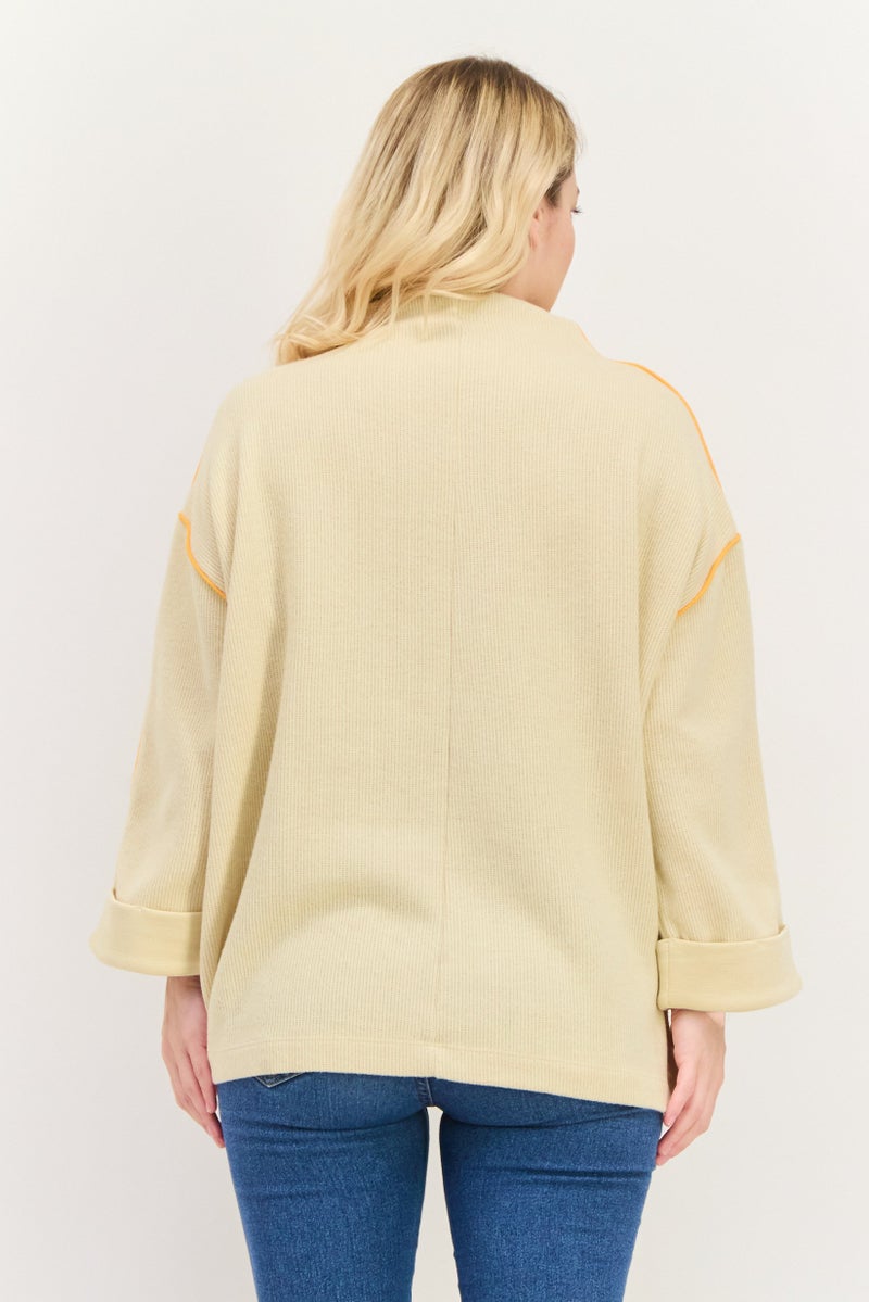 ESPRIT Women Funnel Neck Textured Long Sleeves Sweatshirt, Beige - Image 3