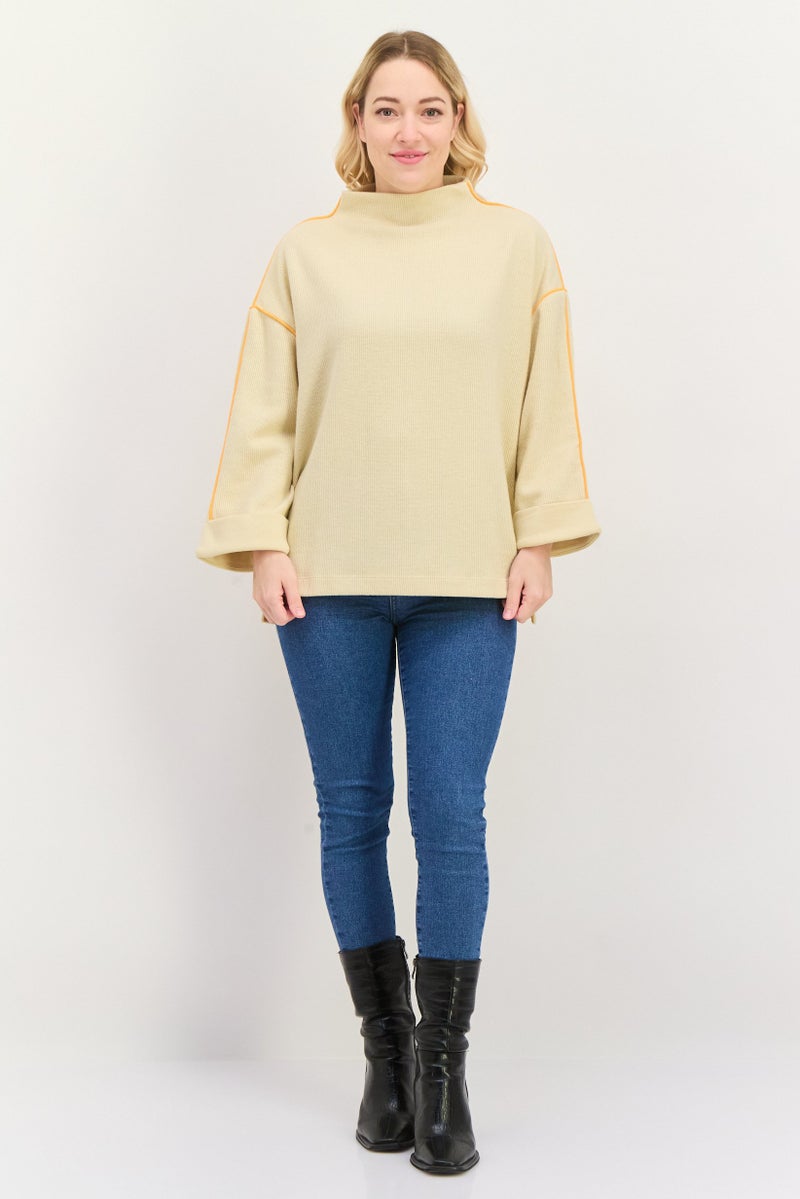 ESPRIT Women Funnel Neck Textured Long Sleeves Sweatshirt, Beige - Image 4