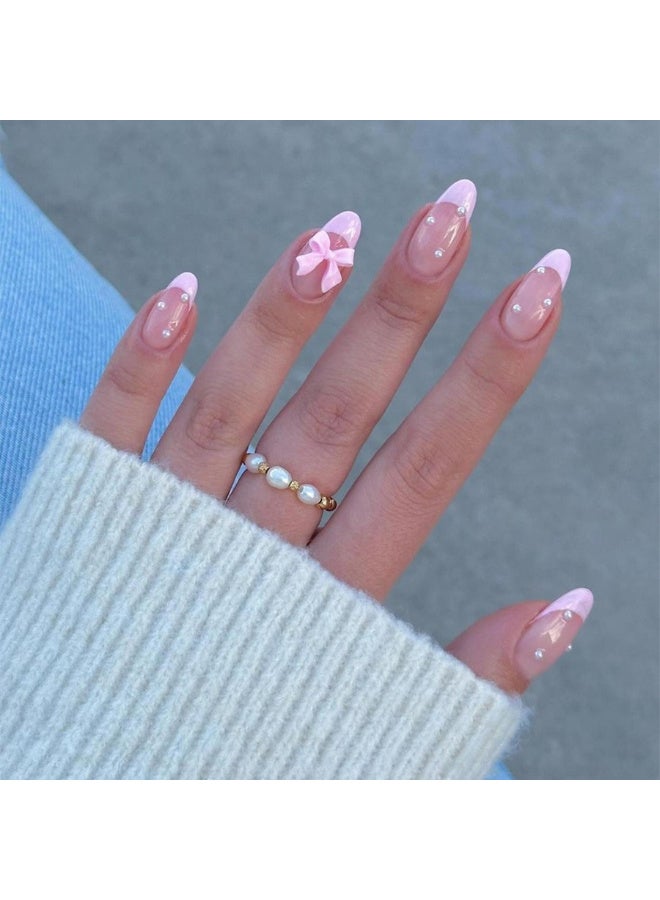 24-Piece Full Cover False French Tip Press on Nails,Medium Fake Nails Almond Glue on Nails Bow Charm Pearl Design Acrylic Nails(Pink) - Image 1