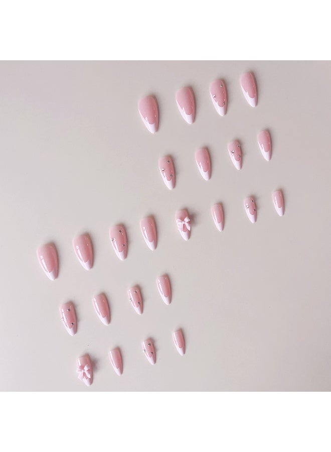 24-Piece Full Cover False French Tip Press on Nails,Medium Fake Nails Almond Glue on Nails Bow Charm Pearl Design Acrylic Nails(Pink) - Image 2