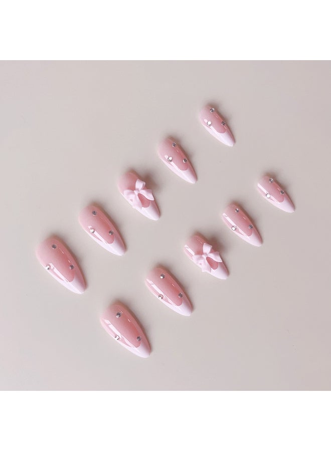 24-Piece Full Cover False French Tip Press on Nails,Medium Fake Nails Almond Glue on Nails Bow Charm Pearl Design Acrylic Nails(Pink) - Image 3