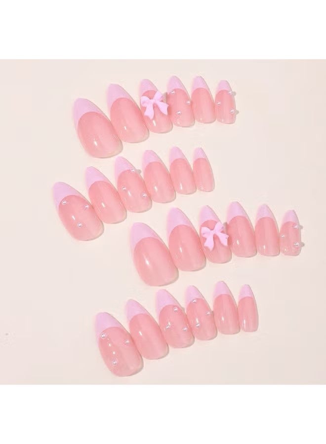 24-Piece Full Cover False French Tip Press on Nails,Medium Fake Nails Almond Glue on Nails Bow Charm Pearl Design Acrylic Nails(Pink) - Image 4