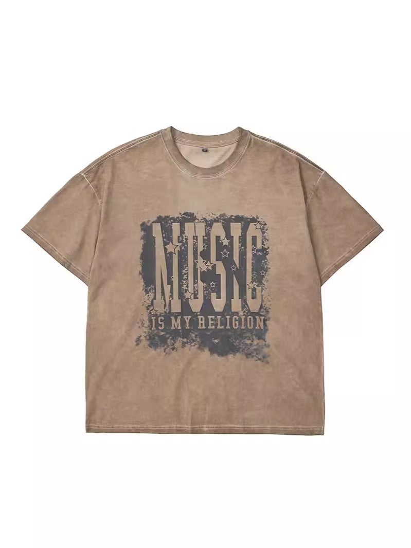 Cotton Loose Round Neck T-Shirt Men'S Fashion Brand Fat Letter Printed Short Sleeve T-Shirt Men'S Retro American T-Shirt New - Image 2