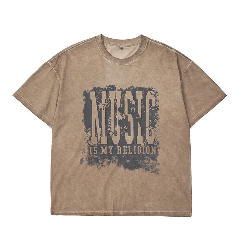Cotton Loose Round Neck T-Shirt Men'S Fashion Brand Fat Letter Printed Short Sleeve T-Shirt Men'S Retro American T-Shirt New - Image 1