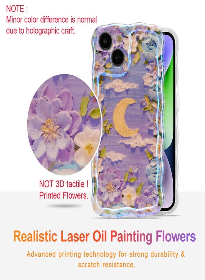 EYZUTAK جراب EYZUTAK لهاتف iPhone 15، بتصميم زهور وقمر مستوحى من لوحات زيتية ملونة بنمط ريترو، وحواف مموجة أنيقة، مصنوع من مادة TPU المتينة، مناسب للفتيات والسيدات - بنفسجي وأبيض - Image 2