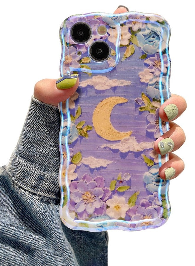 EYZUTAK جراب EYZUTAK لهاتف iPhone 15، بتصميم زهور وقمر مستوحى من لوحات زيتية ملونة بنمط ريترو، وحواف مموجة أنيقة، مصنوع من مادة TPU المتينة، مناسب للفتيات والسيدات - بنفسجي وأبيض - Image 1