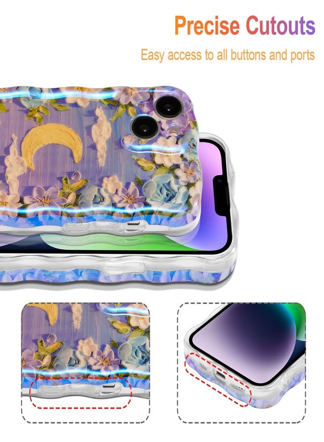 EYZUTAK جراب EYZUTAK لهاتف iPhone 15، بتصميم زهور وقمر مستوحى من لوحات زيتية ملونة بنمط ريترو، وحواف مموجة أنيقة، مصنوع من مادة TPU المتينة، مناسب للفتيات والسيدات - بنفسجي وأبيض - Image 5