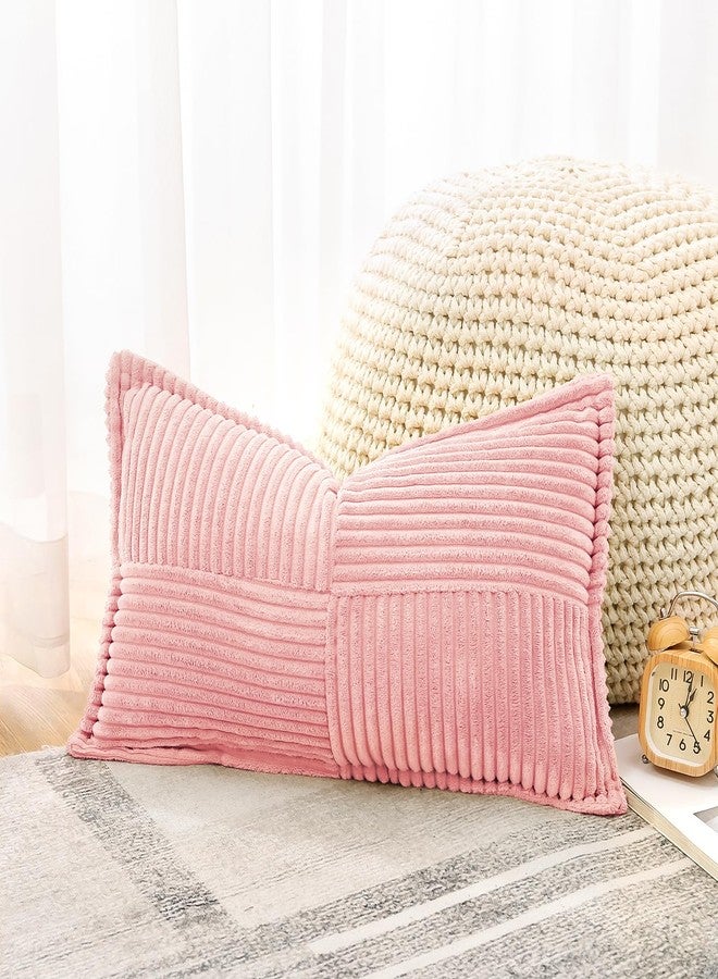 OTOSTAR Striped Corduroy Throw Pillow Covers with Splicing Super Soft Boho Pillow Covers Broadside Decorative Textured Throw Pillows for Couch Sofa Bed Living Room 12x20 Inch, Pink - Image 2