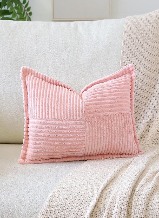 OTOSTAR Striped Corduroy Throw Pillow Covers with Splicing Super Soft Boho Pillow Covers Broadside Decorative Textured Throw Pillows for Couch Sofa Bed Living Room 12x20 Inch, Pink - Image 1