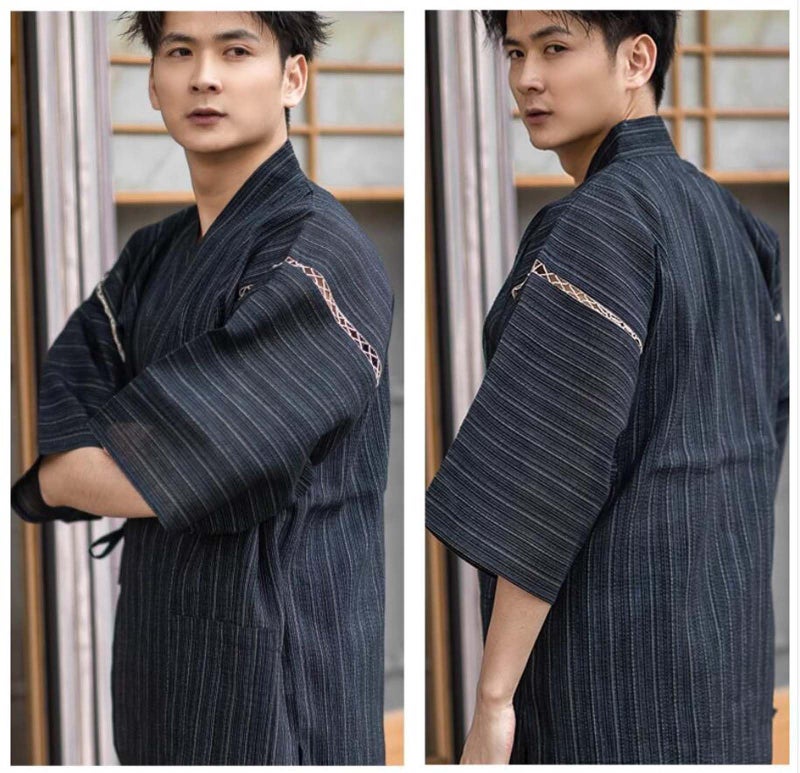 ZEALMAX Men's Kimono Japanese Jinbei Shirt and Pant Cotton Linen Loungewear Lounge Set Spa Bathrobe, Style 5 Multicolor - Image 4