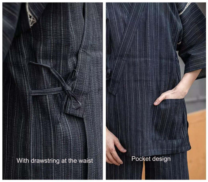 ZEALMAX Men's Kimono Japanese Jinbei Shirt and Pant Cotton Linen Loungewear Lounge Set Spa Bathrobe, Style 5 Multicolor - Image 5