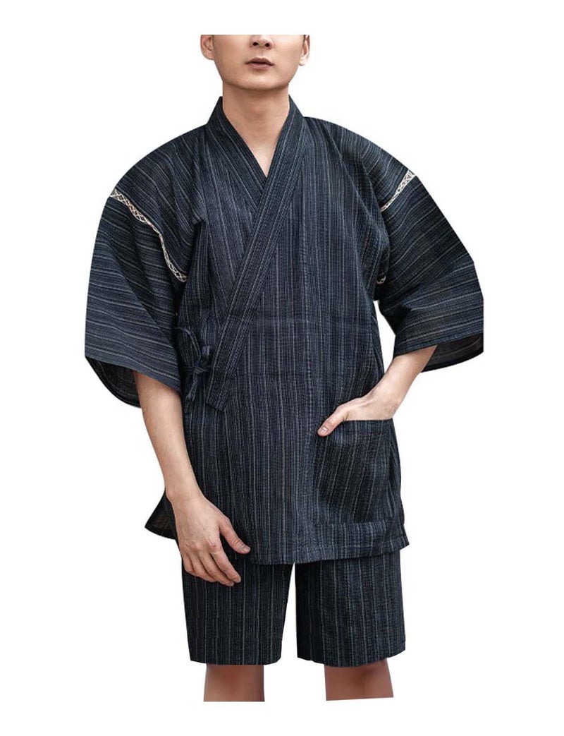 ZEALMAX Men's Kimono Japanese Jinbei Shirt and Pant Cotton Linen Loungewear Lounge Set Spa Bathrobe, Style 5 Multicolor - Image 1