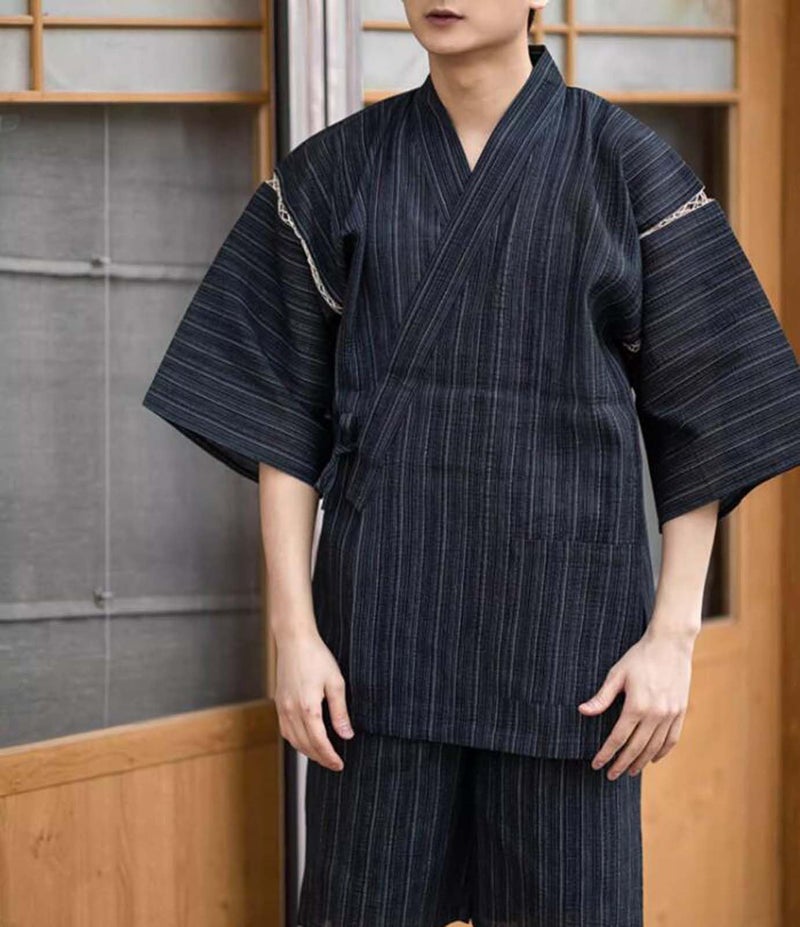 ZEALMAX Men's Kimono Japanese Jinbei Shirt and Pant Cotton Linen Loungewear Lounge Set Spa Bathrobe, Style 5 Multicolor - Image 3