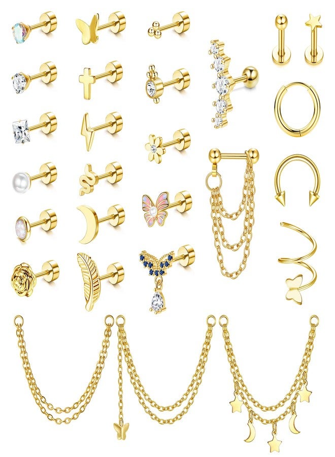 BESTEEL 27 Pcs Hypoallergenic 16G Cartilage Earrings Stud for Women Men Stainless Steel Flat back Earrings Hoop Set Cute CZ Chain Dangle Conch Daith Helix Tragus Piercing Jewelry Multipack, Stainless - Image 1