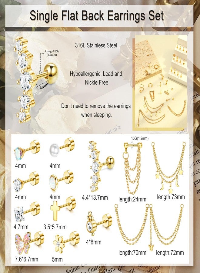 BESTEEL 27 Pcs Hypoallergenic 16G Cartilage Earrings Stud for Women Men Stainless Steel Flat back Earrings Hoop Set Cute CZ Chain Dangle Conch Daith Helix Tragus Piercing Jewelry Multipack, Stainless - Image 2