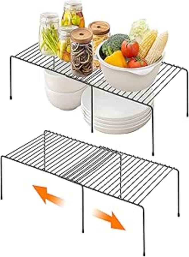 Ravinte 2 Pack Freezer Shelf Organizer, Expandable Cabinet Storage Shelf with Rustproof Metal Wire, Adjustable Kitchen Cabinet Organizer Spice Rack for Frige, Pantry, Cupboard, Countertop - Black