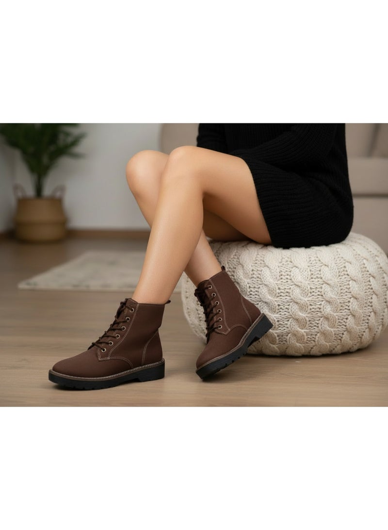 لايف ستيلاش  جزمة كاحل مسطح من الشمواه بحبل E-109 - بني - Image 1