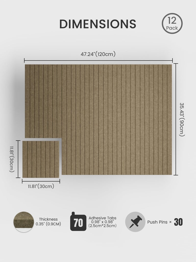 Bumusty Large Cork Board Alternative-48 x 36" Felt Bulletin Board Tiles, with 30 Pushpins, 70 Adhesive Tabs, Fine-Stripe 12-Pack, Cork Boards for Office Push Pin Board Felt Board-Earth Brown - Image 2
