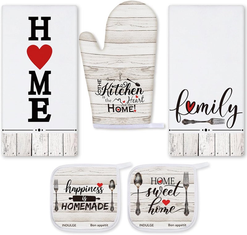 Rtteri 5 Pcs Farmhouse Dish Towels Pot Holders Oven Mitts Set 2 Vintage Wood Planks Kitchen Towels 1 Mittens Oven Glove 2 Potholders for Cooking Baking Grilling Supply Holiday Housewarming Gifts - Image 1