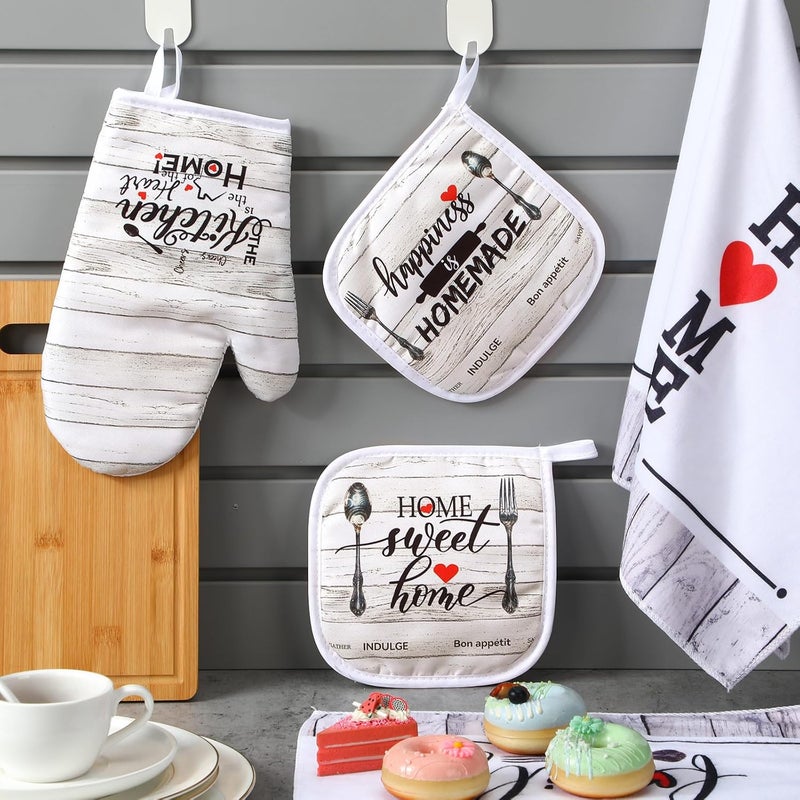 Rtteri 5 Pcs Farmhouse Dish Towels Pot Holders Oven Mitts Set 2 Vintage Wood Planks Kitchen Towels 1 Mittens Oven Glove 2 Potholders for Cooking Baking Grilling Supply Holiday Housewarming Gifts - Image 4