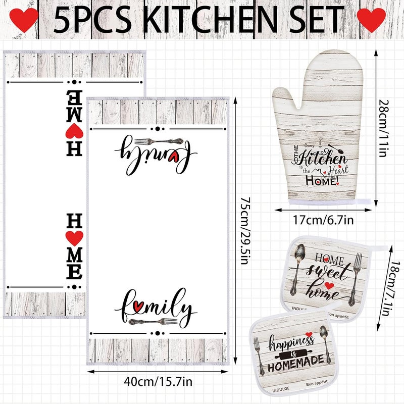 Rtteri 5 Pcs Farmhouse Dish Towels Pot Holders Oven Mitts Set 2 Vintage Wood Planks Kitchen Towels 1 Mittens Oven Glove 2 Potholders for Cooking Baking Grilling Supply Holiday Housewarming Gifts - Image 2