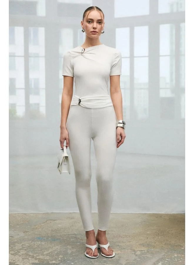 GRIMELANGE SISILY Women's Soft and Stretch Fabric Button-Detail Slim Fit Ecru Leggings.