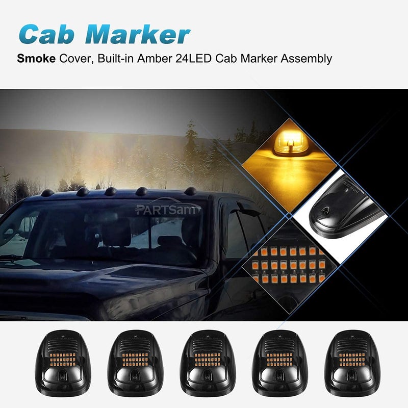 Partsam 5X Amber 24 LED Smoke Cab Roof Running Top Marker Lights 264146BK Assembly Wire Harness Replacement for 1500 2500 3500 4500 5500 2003-2018 Pickup Trucks - Image 3