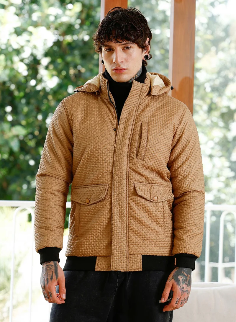 Campus Sutra Men's Geometric-Tactile Puffer Jacket | Stand Collar , Long Ribbed Cuff Sleeves , Flap-Button Closure , Straight Hem | Solid Woven Textured For Casual & Daily | Camel Beige