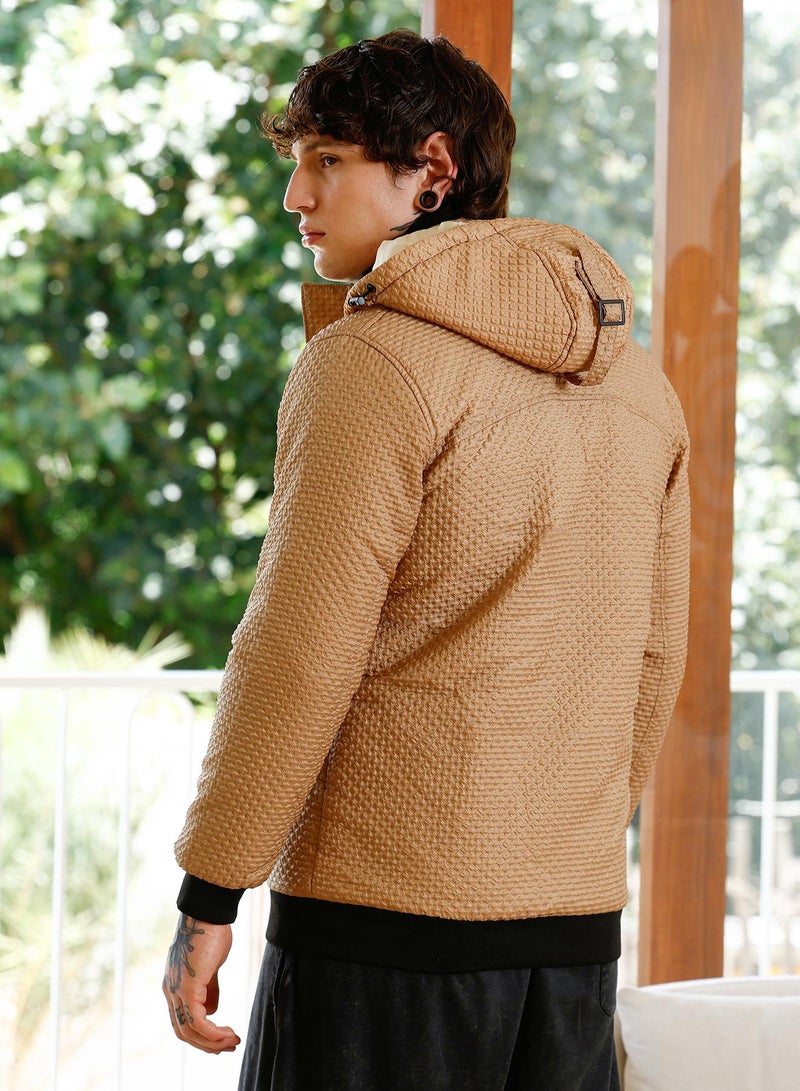 Campus Sutra Men's Camel Beige Geometric-Tactile Puffer Jacket - Image 5