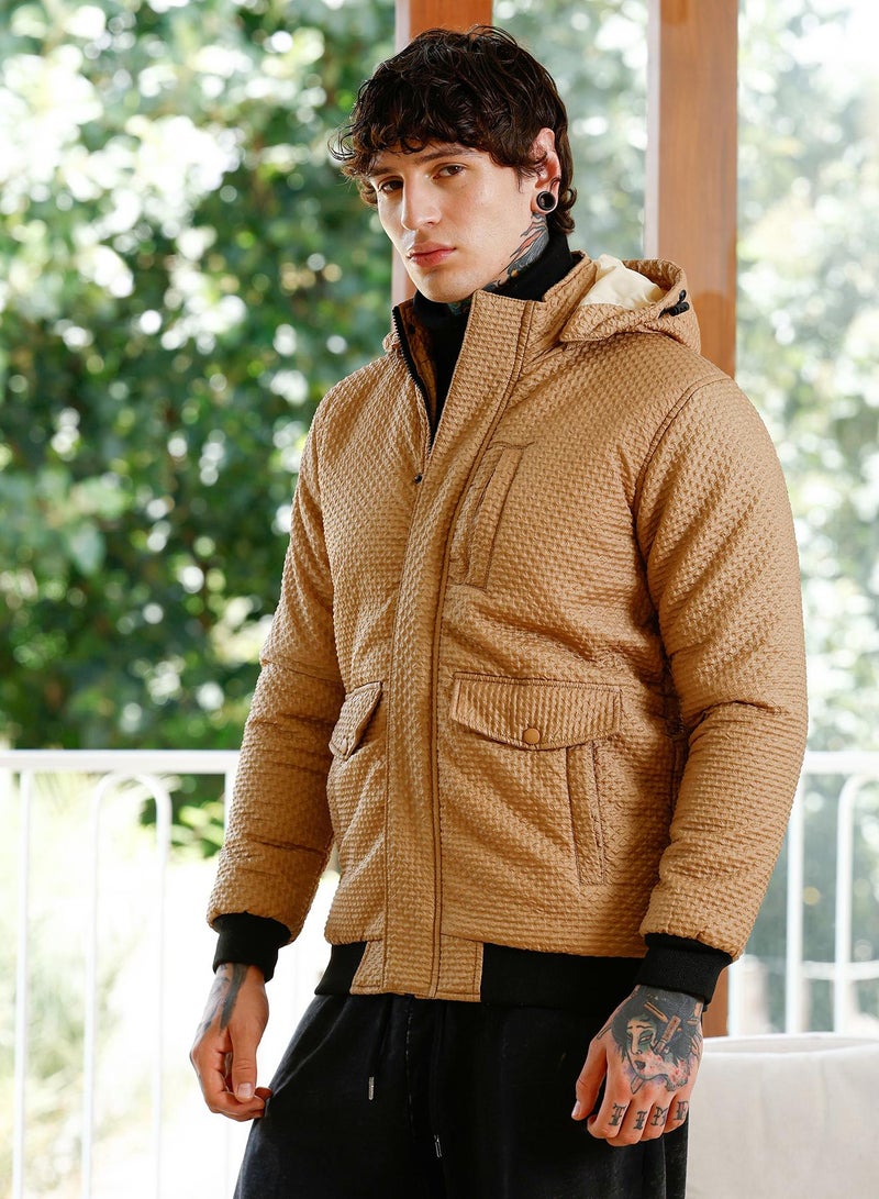 Campus Sutra Men's Camel Beige Geometric-Tactile Puffer Jacket - Image 3