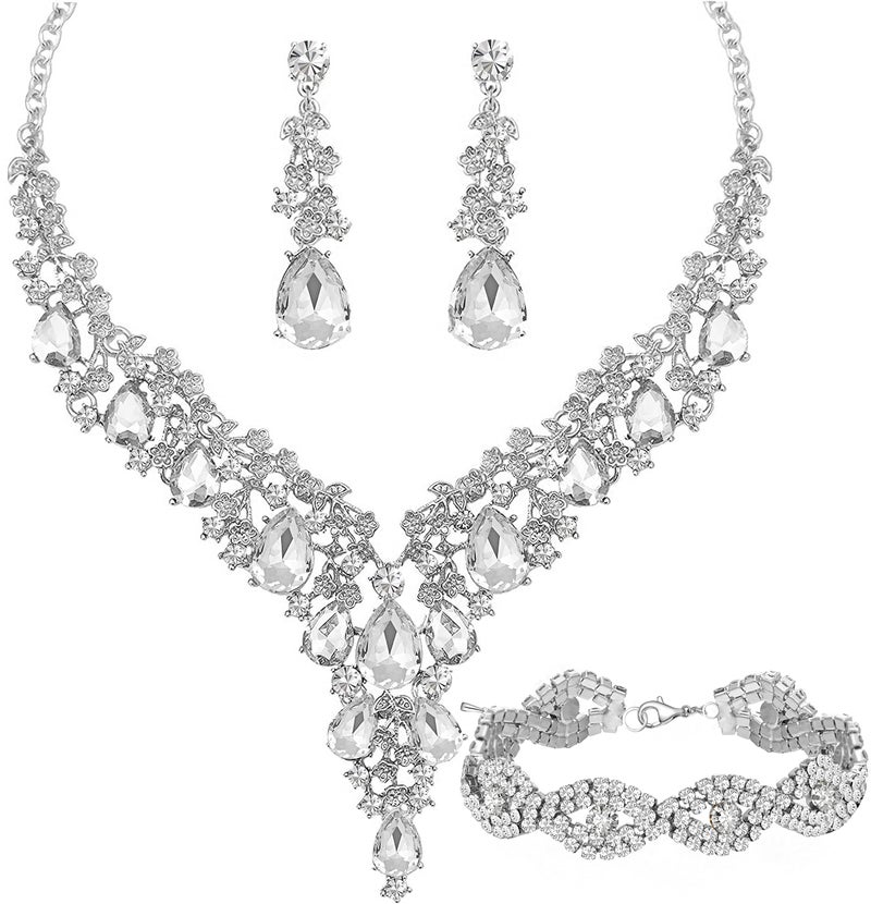 Paxuan Wedding Bridal Bridesmaid Austrian Crystal Rhinestone Jewelry Sets Statement Choker Necklace Earrings Bracelets Sets for Wedding Party Prom (Necklace + Earring + Bracelet (White)) - Image 1