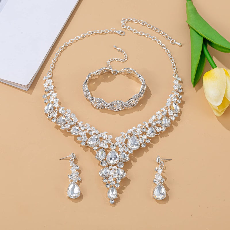 Paxuan Wedding Bridal Bridesmaid Austrian Crystal Rhinestone Jewelry Sets Statement Choker Necklace Earrings Bracelets Sets for Wedding Party Prom (Necklace + Earring + Bracelet (White)) - Image 5