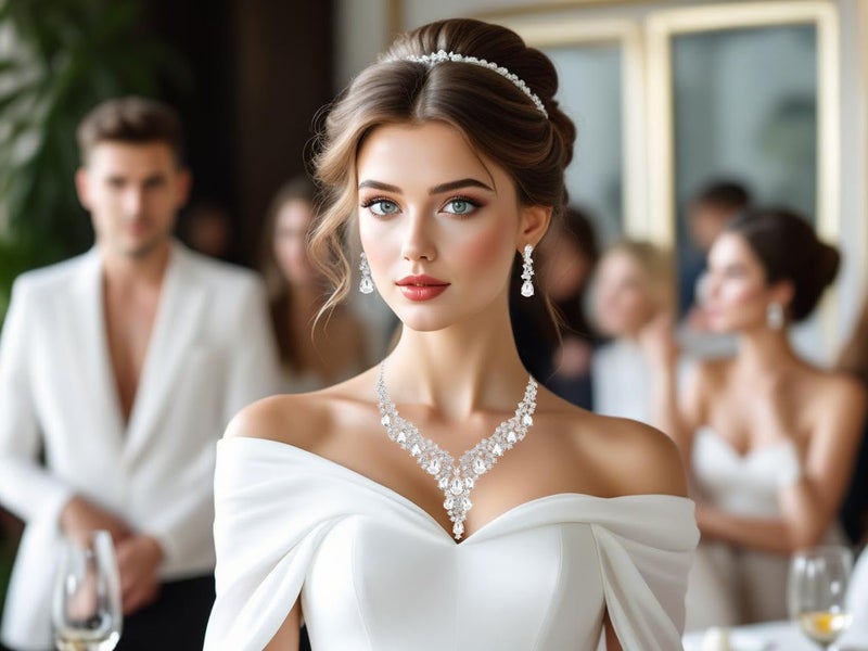 Paxuan Wedding Bridal Bridesmaid Austrian Crystal Rhinestone Jewelry Sets Statement Choker Necklace Earrings Bracelets Sets for Wedding Party Prom (Necklace + Earring + Bracelet (White)) - Image 3