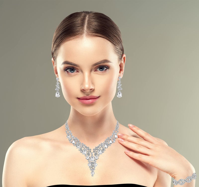 Paxuan Wedding Bridal Bridesmaid Austrian Crystal Rhinestone Jewelry Sets Statement Choker Necklace Earrings Bracelets Sets for Wedding Party Prom (Necklace + Earring + Bracelet (White)) - Image 2