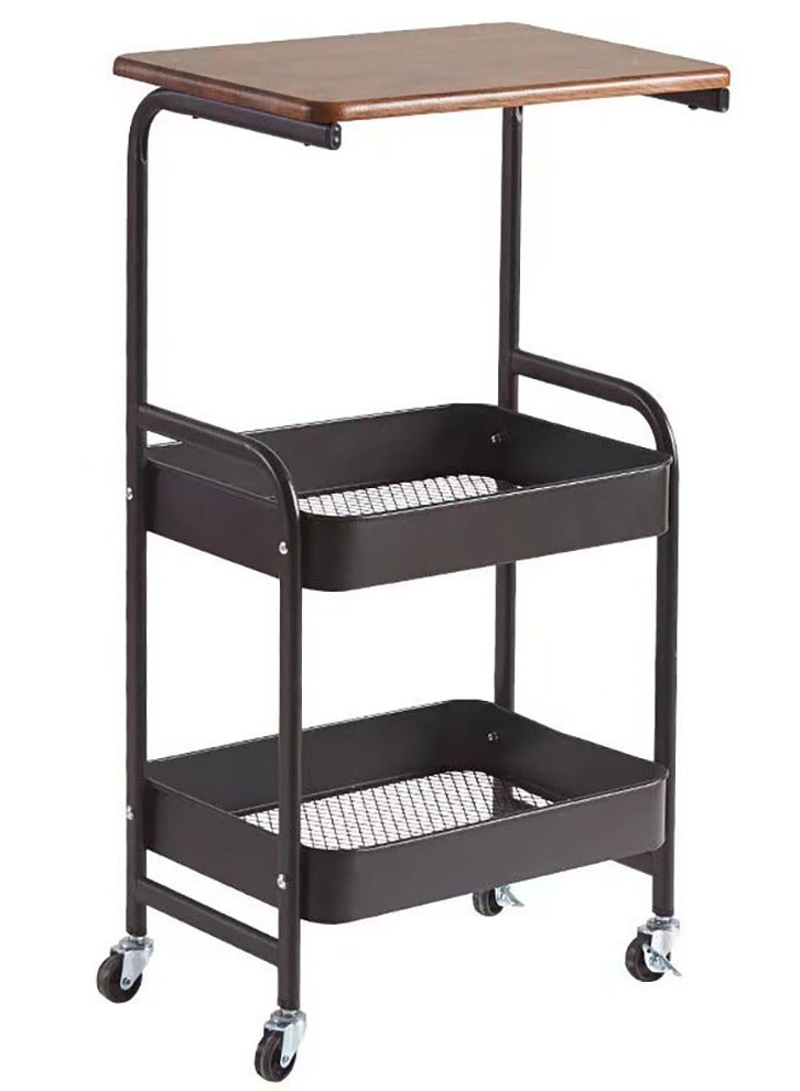 Bukela Utility Cart with Wooden Table Top, 3-Tier Metal Rolling Storage Cart, Black Trolley Kitchen Organizer Rolling Desk with Locking Wheels for Office Classroom Home - Image 1