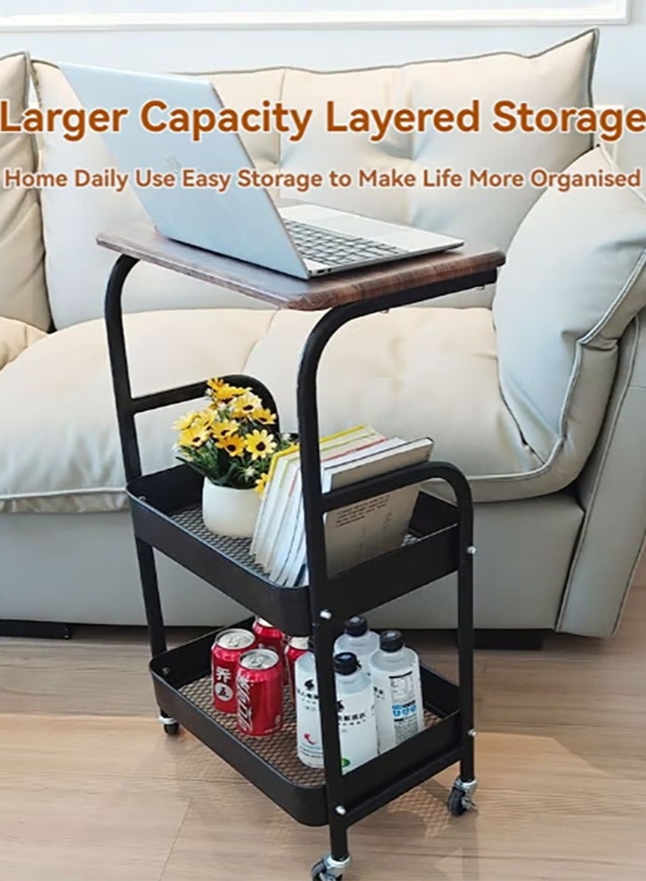 Bukela Utility Cart with Wooden Table Top, 3-Tier Metal Rolling Storage Cart, Black Trolley Kitchen Organizer Rolling Desk with Locking Wheels for Office Classroom Home - Image 3