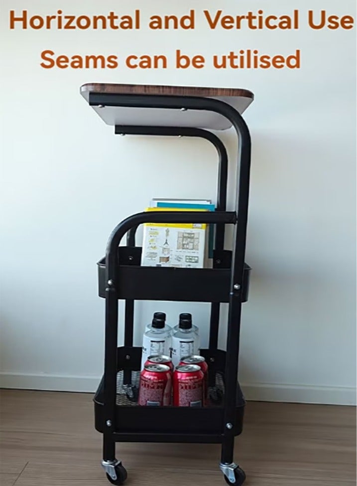 Bukela Utility Cart with Wooden Table Top, 3-Tier Metal Rolling Storage Cart, Black Trolley Kitchen Organizer Rolling Desk with Locking Wheels for Office Classroom Home - Image 4