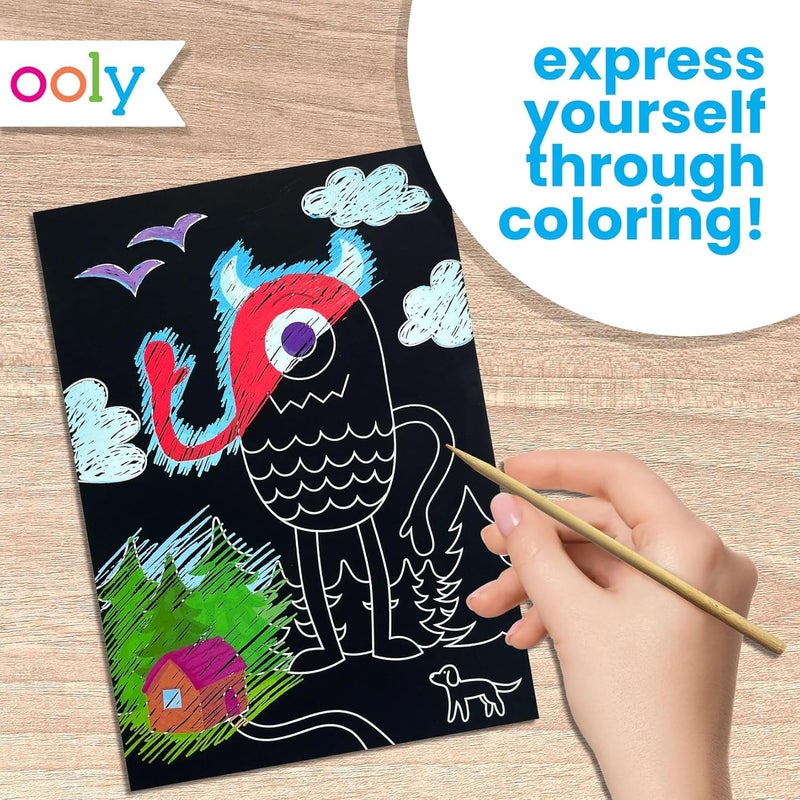Ooly Scratch & Scribble 10pc Art Kit with 8 Total Scratch Cards (4 Illustrated, 2 Blank, 2 Rainbow) with Scratching Tool and Sparkled Stickers, Art Set Gifts for Kids - Monster Pals - Image 3