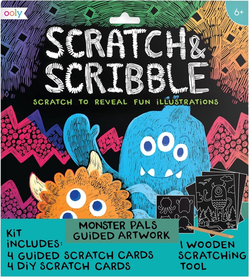 Ooly Scratch & Scribble 10pc Art Kit with 8 Total Scratch Cards (4 Illustrated, 2 Blank, 2 Rainbow) with Scratching Tool and Sparkled Stickers, Art Set Gifts for Kids - Monster Pals - Image 1