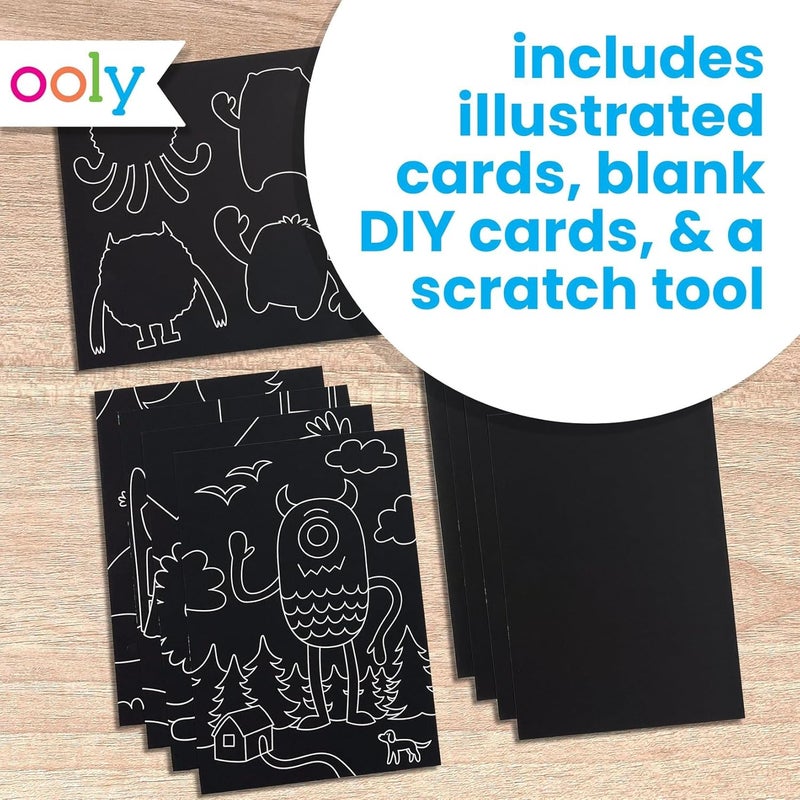 Ooly Scratch & Scribble 10pc Art Kit with 8 Total Scratch Cards (4 Illustrated, 2 Blank, 2 Rainbow) with Scratching Tool and Sparkled Stickers, Art Set Gifts for Kids - Monster Pals - Image 4