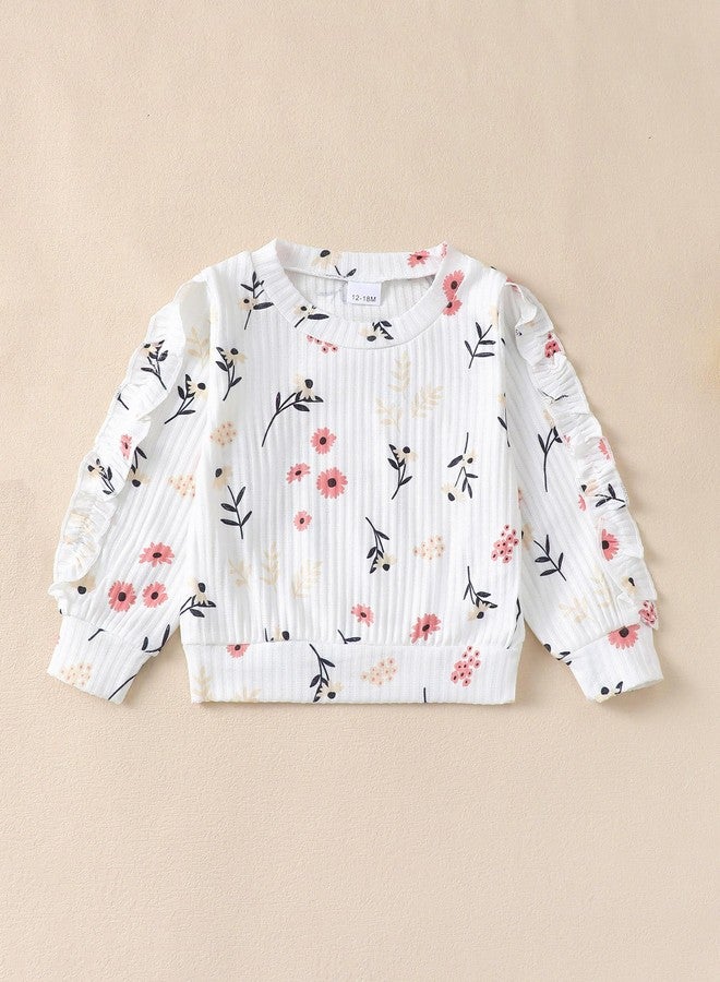 Renotemy Baby Girl Clothes Fall Winter Outfits 1 Year Old Girls White Flower Crew Neck Ruffle Long Sleeve Sweatshirts Bell Bottoms Flare Pants Sweatsuit 2 Piece Clothing Set 12-18 Months Girl Clothes - Image 5
