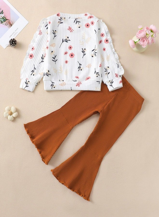 Renotemy Baby Girl Clothes Fall Winter Outfits 1 Year Old Girls White Flower Crew Neck Ruffle Long Sleeve Sweatshirts Bell Bottoms Flare Pants Sweatsuit 2 Piece Clothing Set 12-18 Months Girl Clothes - Image 4