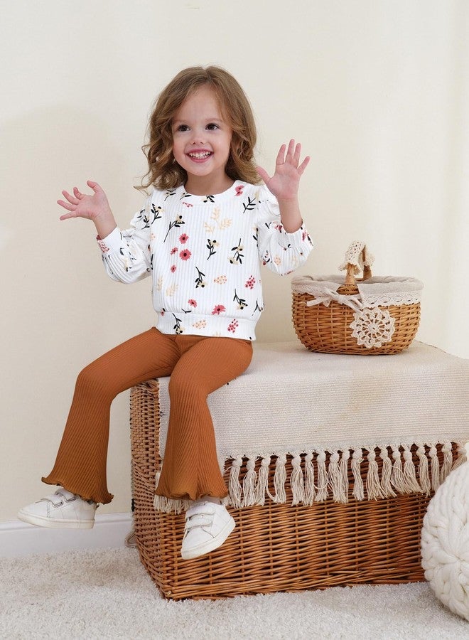 Renotemy Baby Girl Clothes Fall Winter Outfits 1 Year Old Girls White Flower Crew Neck Ruffle Long Sleeve Sweatshirts Bell Bottoms Flare Pants Sweatsuit 2 Piece Clothing Set 12-18 Months Girl Clothes - Image 3