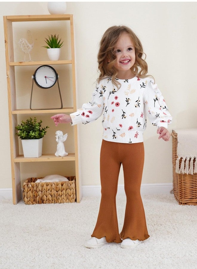 Renotemy Baby Girl Clothes Fall Winter Outfits 1 Year Old Girls White Flower Crew Neck Ruffle Long Sleeve Sweatshirts Bell Bottoms Flare Pants Sweatsuit 2 Piece Clothing Set 12-18 Months Girl Clothes - Image 2