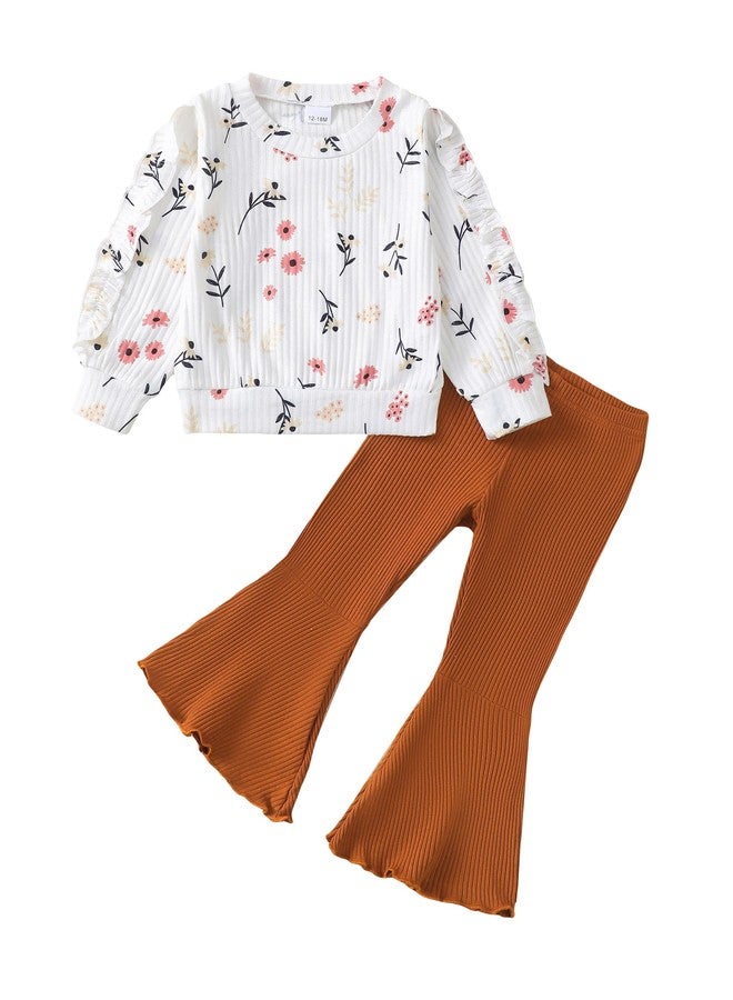 Renotemy Baby Girl Clothes Fall Winter Outfits 1 Year Old Girls White Flower Crew Neck Ruffle Long Sleeve Sweatshirts Bell Bottoms Flare Pants Sweatsuit 2 Piece Clothing Set 12-18 Months Girl Clothes - Image 1