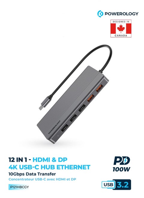 12in1 USB-C Hub HDMI Type-C 100W PD Ethernet VGA USB SD MicroSD 3.5AUX - Dark Gray