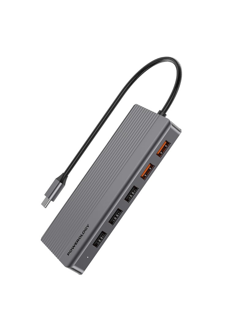 Powerology - 12in1 USB-C Hub HDMI Type-C 100W PD Ethernet VGA USB SD MicroSD 3.5AUX - Dark Gray - Image 1