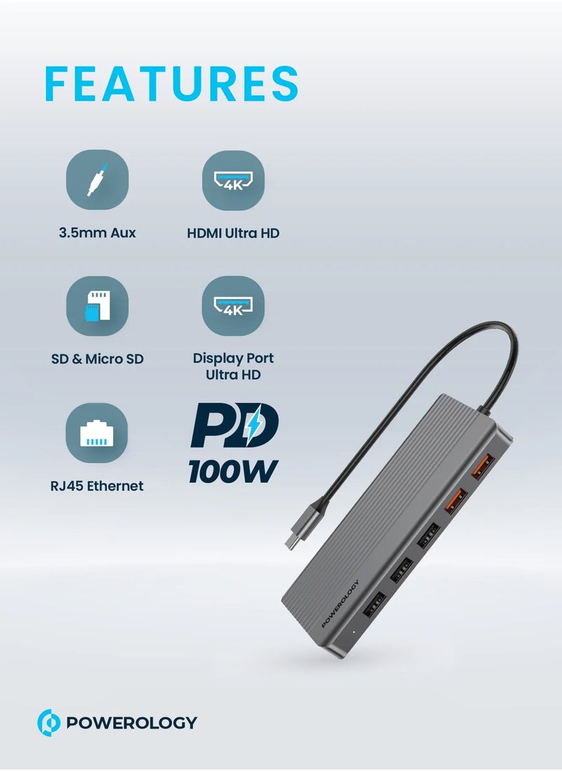 Powerology - 12in1 USB-C Hub HDMI Type-C 100W PD Ethernet VGA USB SD MicroSD 3.5AUX - Dark Gray - Image 1